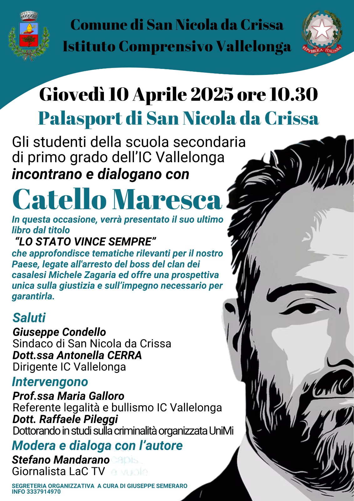 Catello Maresca, il magistrato che arrestò il boss dei Casalesi Michele Zagaria, presenta il suo libro a San Nicola da Crissa