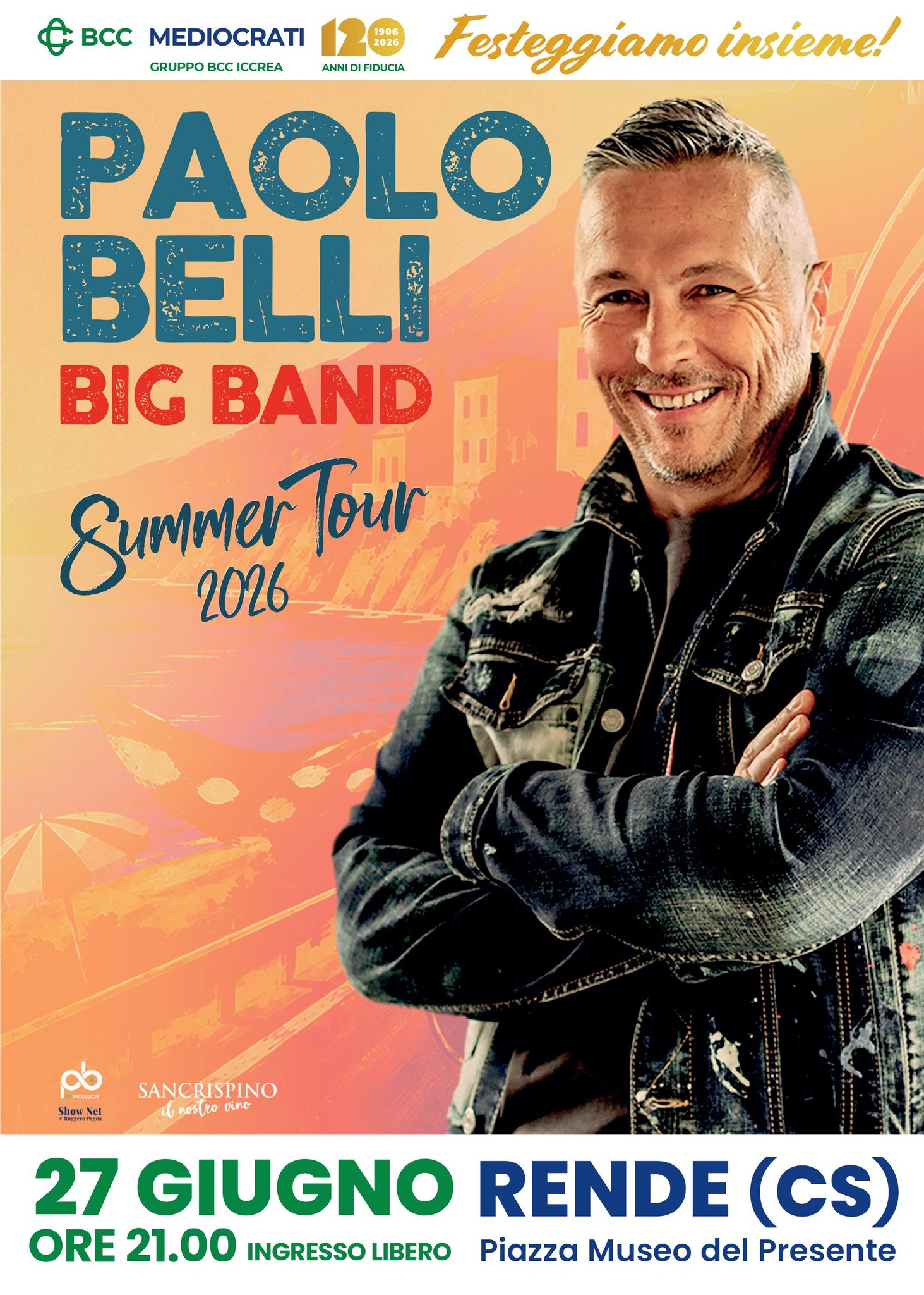Il 27 giugno in Piazza Museo del Presente di Rende  il concerto gratuito di Paolo Belli e della sua Big Band  per i 120 anni della BCC Mediocrati